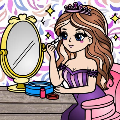beautiful woman sitting at a vanity doing her makeup while wearing a dress and a crown