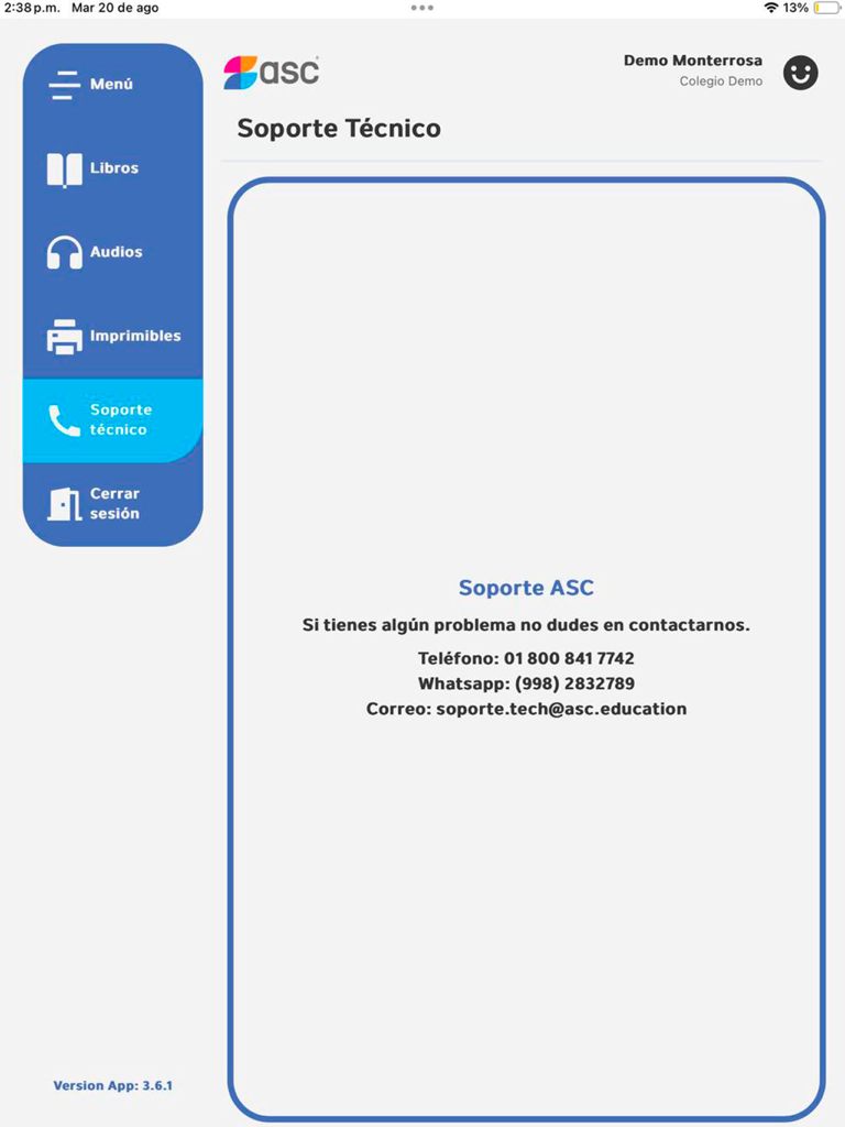 ASC - Interface de suporte técnico do aplicativo educacional ASC com detalhes de contato para ajuda
