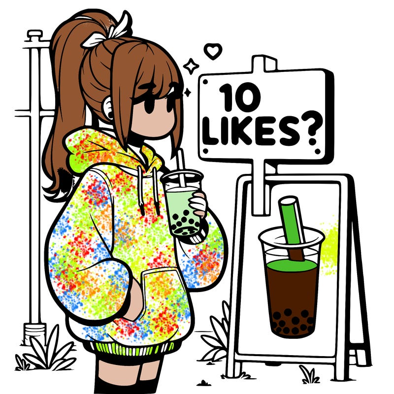 girl with oversized hoodie drinking boba and she has a high ponytail with a sign that says 10likes?