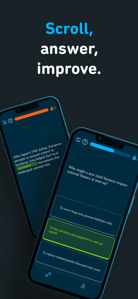 Revu - Scroll & Study - Zwei Smartphones zeigen die Revu-Lern-App mit Prüfungsfragen und dem Text "Scroll answer improve"