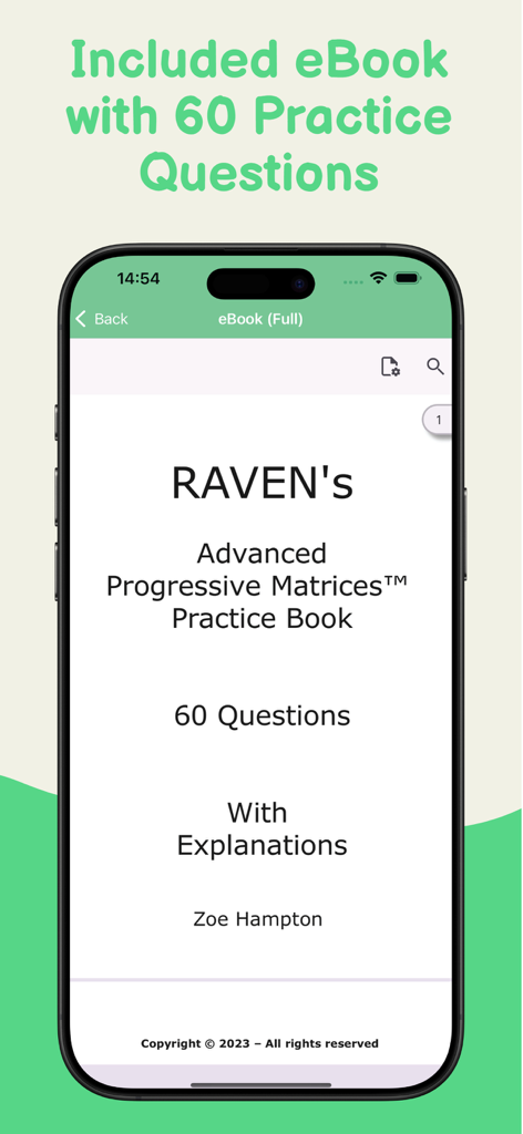 IQ Test: Advanced Matrices Pro - Captura de tela da capa do eBook integrado para o livro de prática de Matrizes Progressivas Avançadas de Raven com 60 perguntas e explicações.