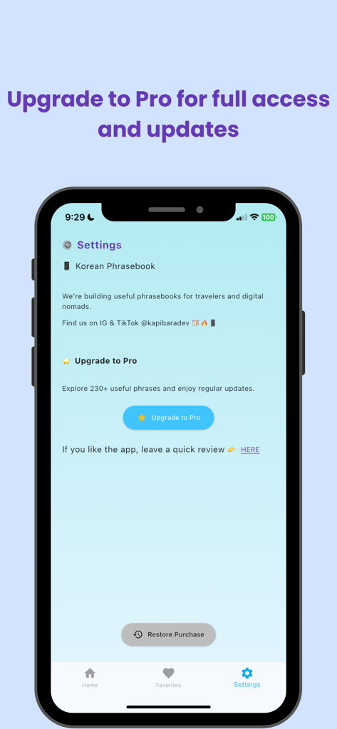 Korean Phrasebook for Travel - 韓国語フレーズ集アプリの設定画面。プロへのアップグレードボタンが表示されます。