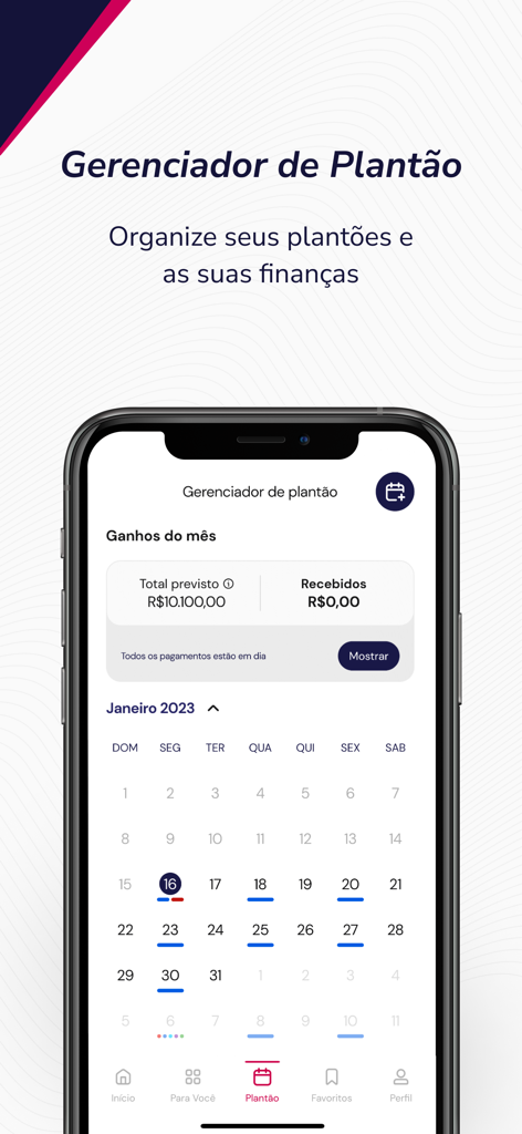 Afya Whitebook medical app interface for shift management and financial tracking