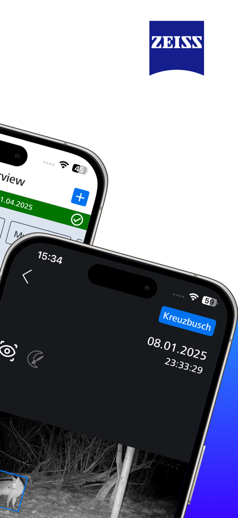 ZEISS Secacam - Interface de l'application mobile ZEISS Secacam sur iPhone montrant des images de caméra de chasse en vision nocturne et le mode sombre