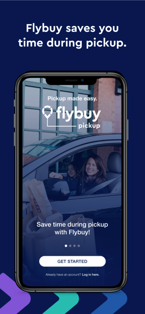 Flybuy Pickup - Flybuy Pickup app welcome screen showing a woman in a car at a store pickup window.