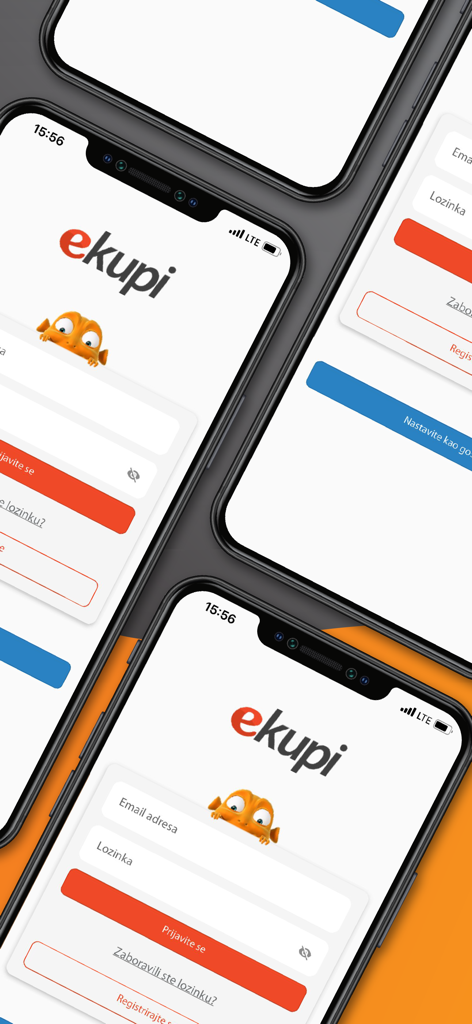eKupi - 複数のスマートフォンに表示されたeKupiモバイルショッピングアプリのログインインターフェース