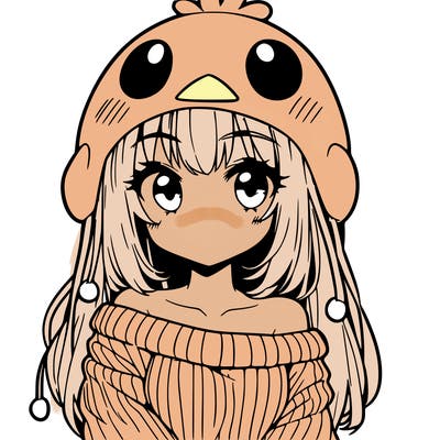 anime girl with chick shaped hat with sweater with bare shoulders with bangs covering them one eye with low tail