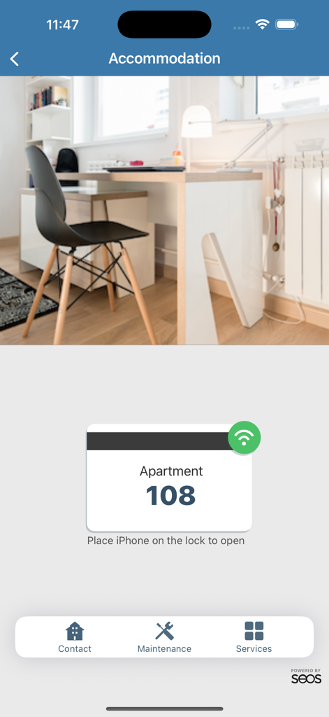 Vingcard Mobile Access app interface displaying a digital key for apartment 108 with background image of a student room