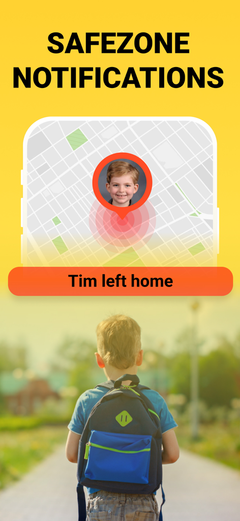 Geopapa: GPS location tracker - Geopapa app showing a map interface with a safezone notification alert indicating a child left home