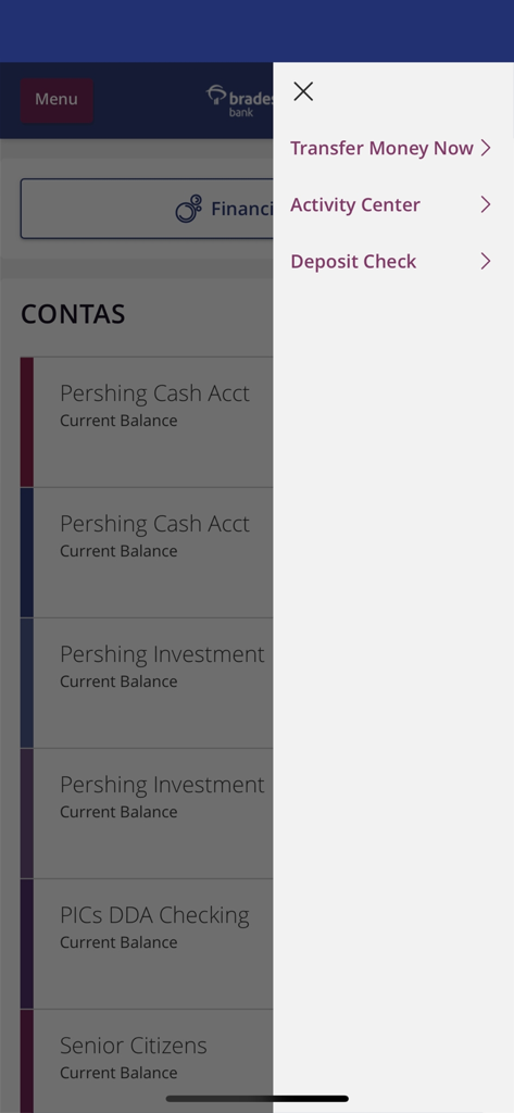 Bradesco Bank - Bradesco Bank mobile app interface showing a side menu with options for money transfer, activity center, and check deposit over a list of accounts.