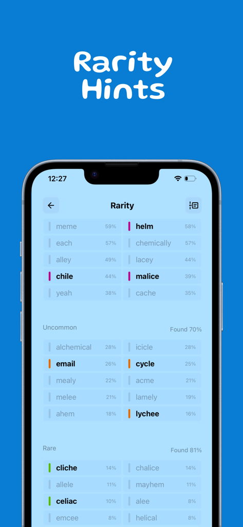 Bloobi - A mobile screen from the Bloobi app showing a list of words categorized by rarity such as uncommon and rare with corresponding percentages.