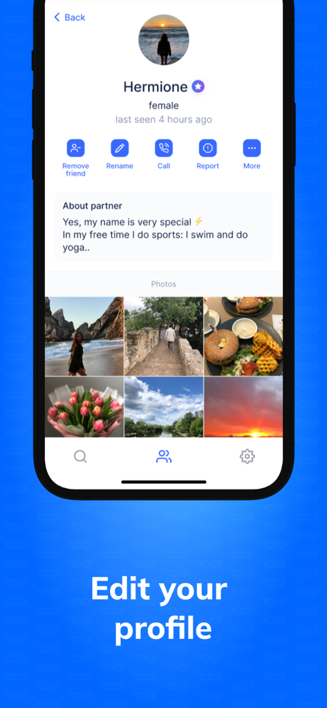 Anonymous Chat / AnonChat - Una pantalla de smartphone que muestra el perfil de usuario de la aplicación AnonChat con una sección de biografía y una cuadrícula de galería de fotos