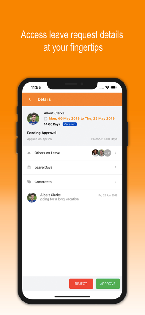 OrangeHRM Advanced - OrangeHRM Advanced app showing employee leave request details and approval options