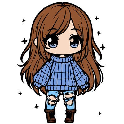 chibi girl with ripped jeans,long hair, and an oversized sweater