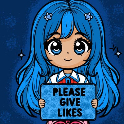 realistic cute girl holding a sign that says “please give likes”