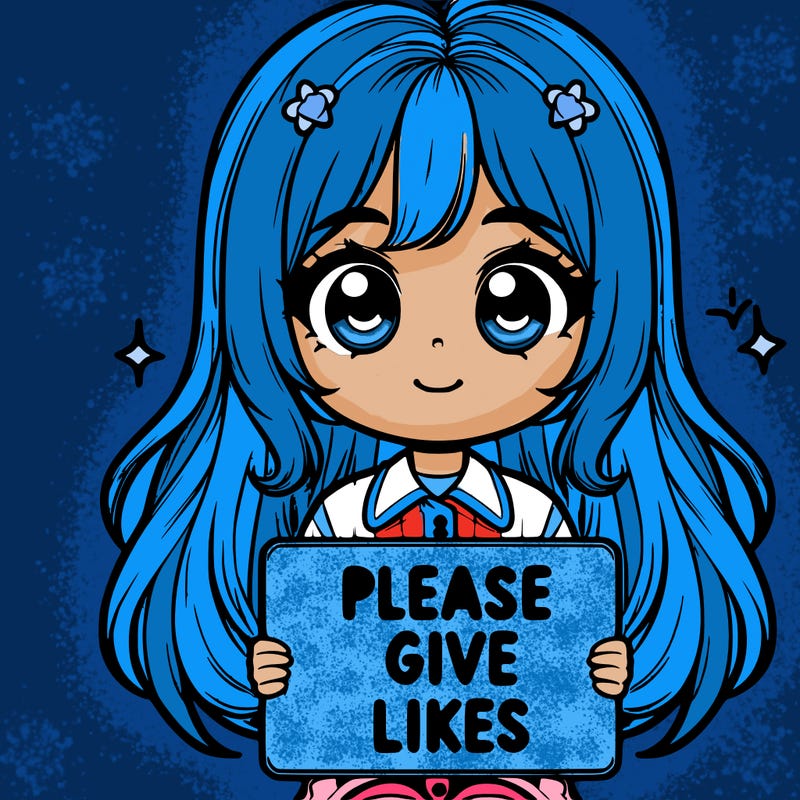 realistic cute girl holding a sign that says “please give likes”
