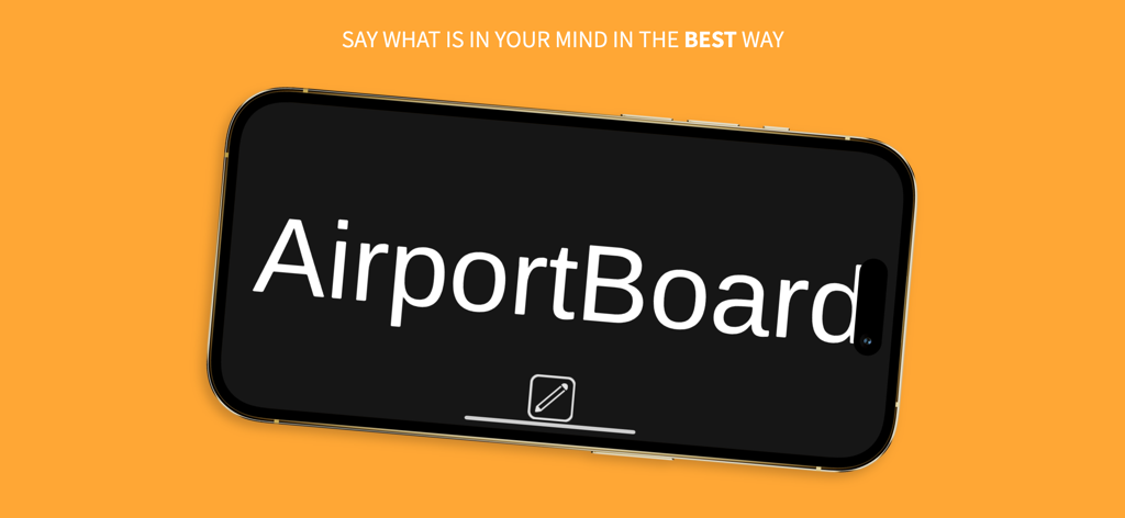 AirportBoard - Smartphone displaying the AirportBoard app with large white text on a black screen