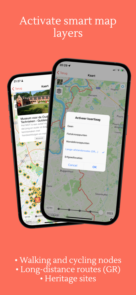 Heritage App - ヘリテージアプリのウォーキングおよびサイクリングルートのマップレイヤーを表示するスマートフォン画面