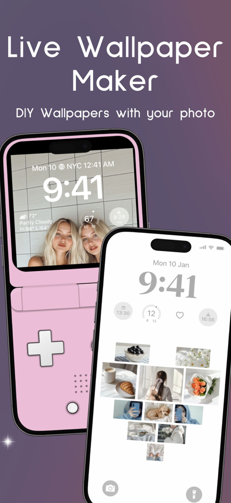 WidgetClub:Widget, Theme, Icon - Due iPhone che mostrano schermate di blocco estetiche personalizzate con collage di foto e design retrò