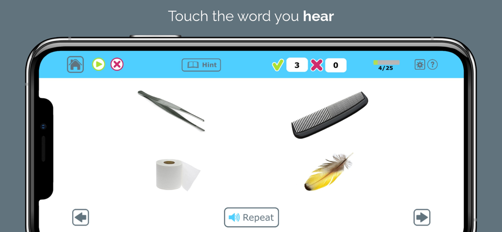 Comprehension Therapy - A screenshot of the Comprehension Therapy app showing an auditory comprehension exercise with real photos of everyday objects