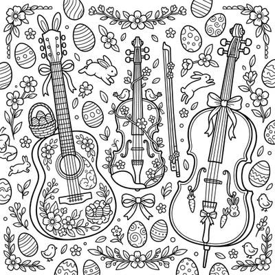Celebrate the joy of Easter with this delightful coloring page featuring beautifully adorned string instruments. Discover guitars, violins, and cellos blooming with spring flowers, playful bunnies, and festive Easter eggs, ready for your creative touch.