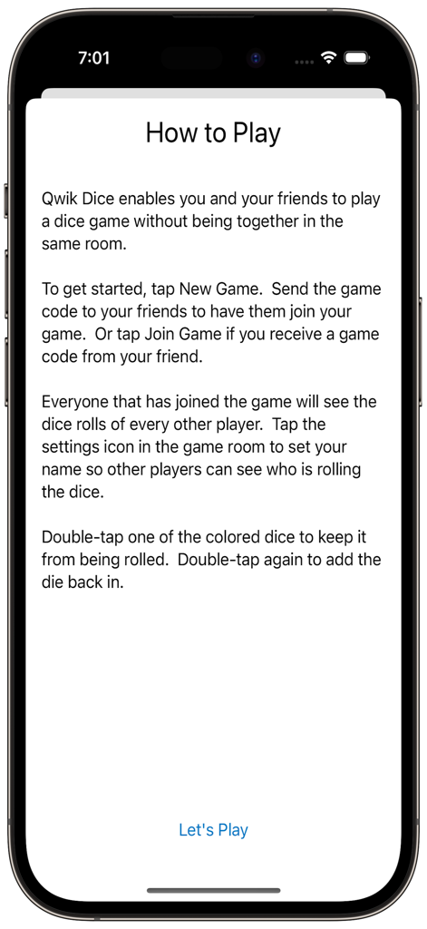 Qwik Dice - The How to Play instructions screen for the Qwik Dice app explaining how to start a remote game with friends.