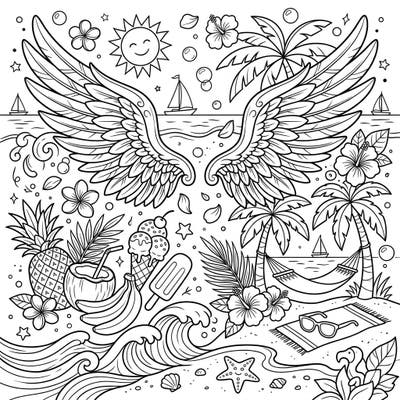 Unleash your creativity with this delightful summer-themed coloring page, featuring elegant Cupid's wings soaring over a vibrant beach landscape. Discover an array of sunny elements, from palm trees and waves to delicious tropical treats, all waiting for your artistic touch.