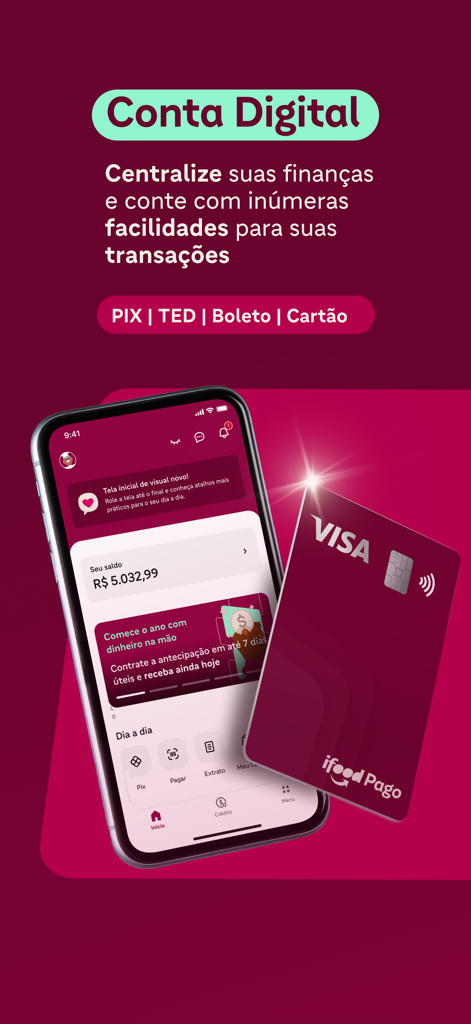 iFood Pago - Smartphone showing the iFood Pago digital account app interface and a branded Visa business card