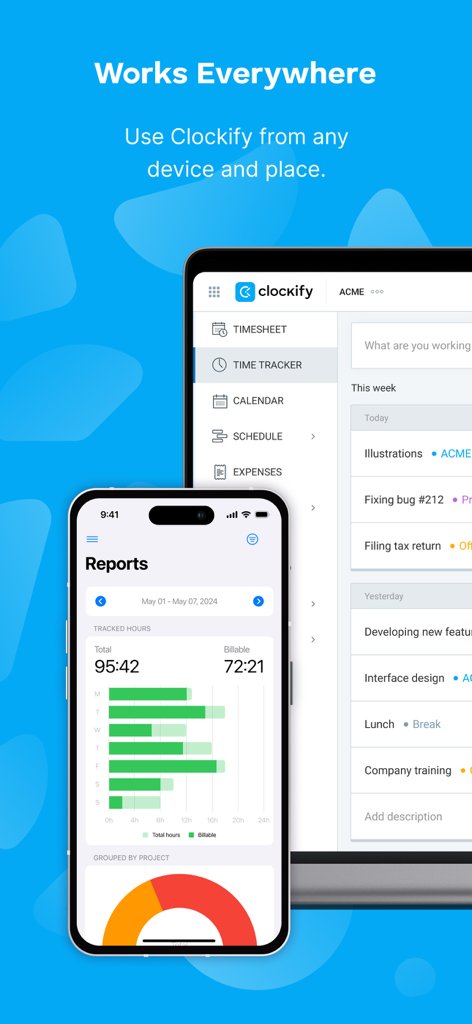 Clockify Time Tracker - L'application Clockify affichant les rapports de productivité sur une interface de smartphone et de tablette