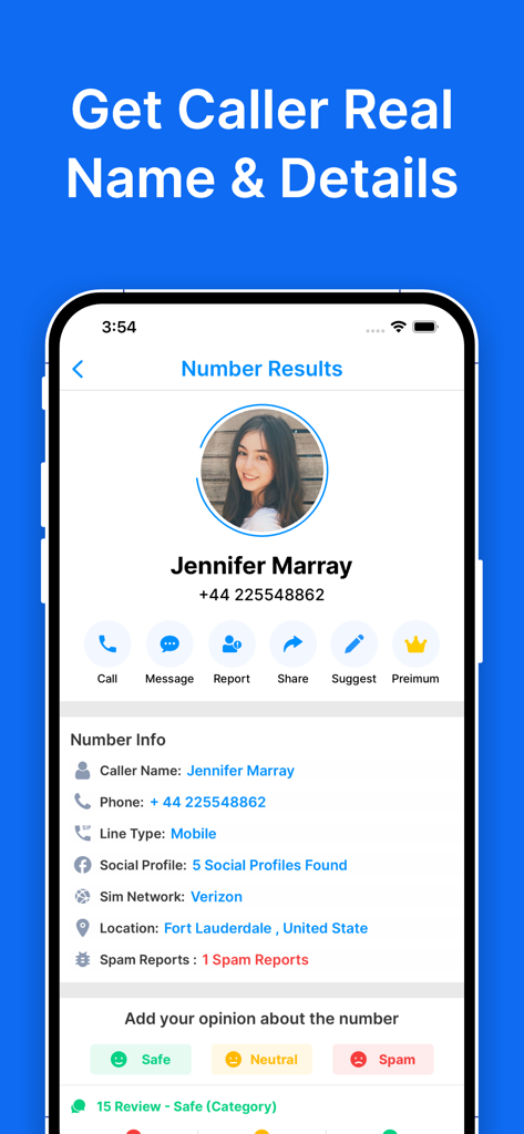 Show Caller Name & Block Spam - Mobile app screen showing detailed caller ID information including name, location, and social profiles.