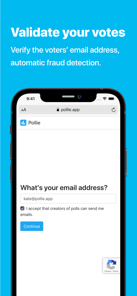 Pollie: Create Polls - A smartphone showing the Pollie app screen for validating votes with email verification and fraud detection.