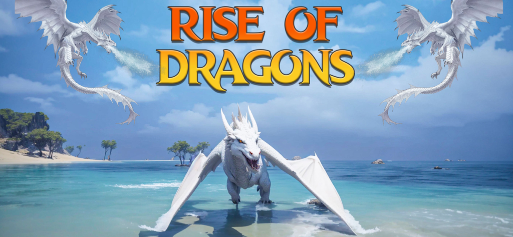 Rise of Dragon : Family Quest - A white dragon standing on a tropical beach with the game title Rise of Dragons