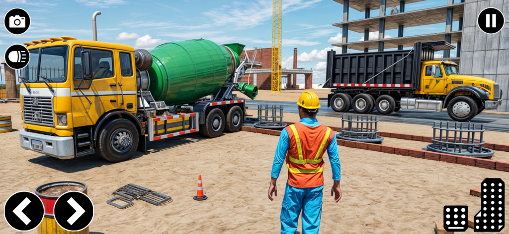 Heavy Machines Transporter Sim - A construction site with a yellow cement mixer and a dump truck in Heavy Machines Transporter Sim.