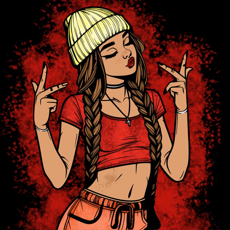 realistic teenage girl with braids and a beanie and crop top doing 🫶🏼