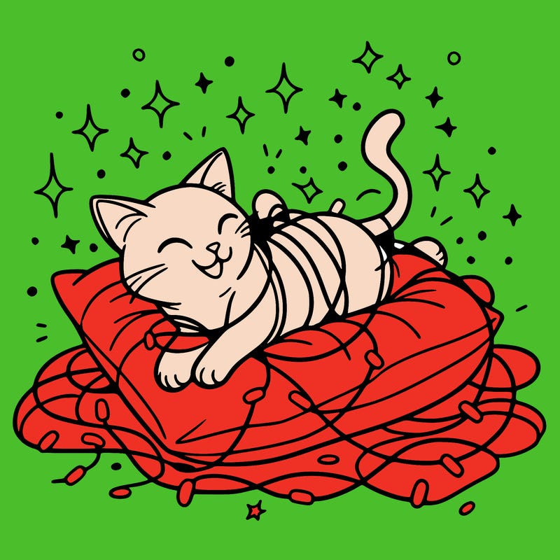 a cat happily tangled in glowing lights, lounging on a big cushion, clean lines, simple design, uncomplicated, tatoo desing