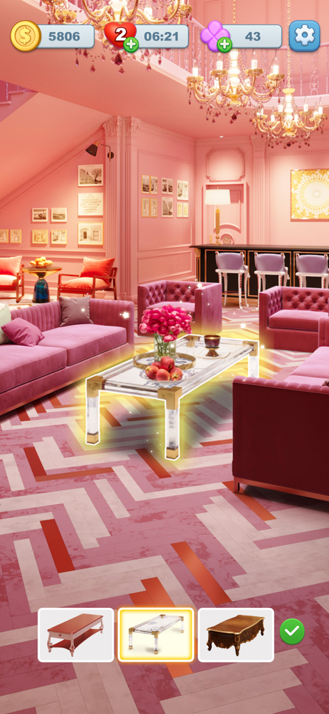 Screw Frenzy: ASMR Home - Una scena di ristrutturazione di un lussuoso soggiorno rosa nel gioco mobile Screw Frenzy