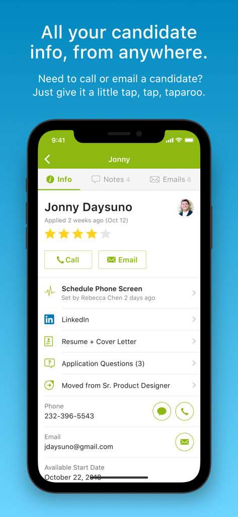 BambooHR Hiring mobile app candidate profile view with contact buttons and application details
