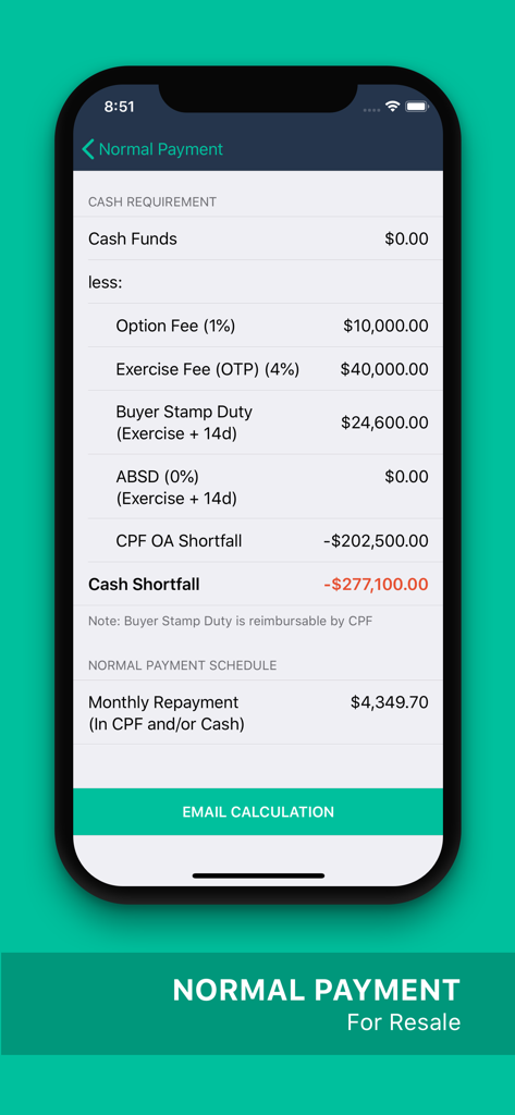 SG Property Toolkit PRO - SG Property Toolkit PRO resale property normal payment calculator screen showing cash requirements and monthly repayment details