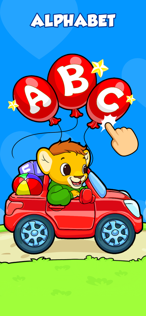 Bebi: Baby Games for Preschool - A cartoon lion in a red car with ABC alphabet balloons for toddler learning
