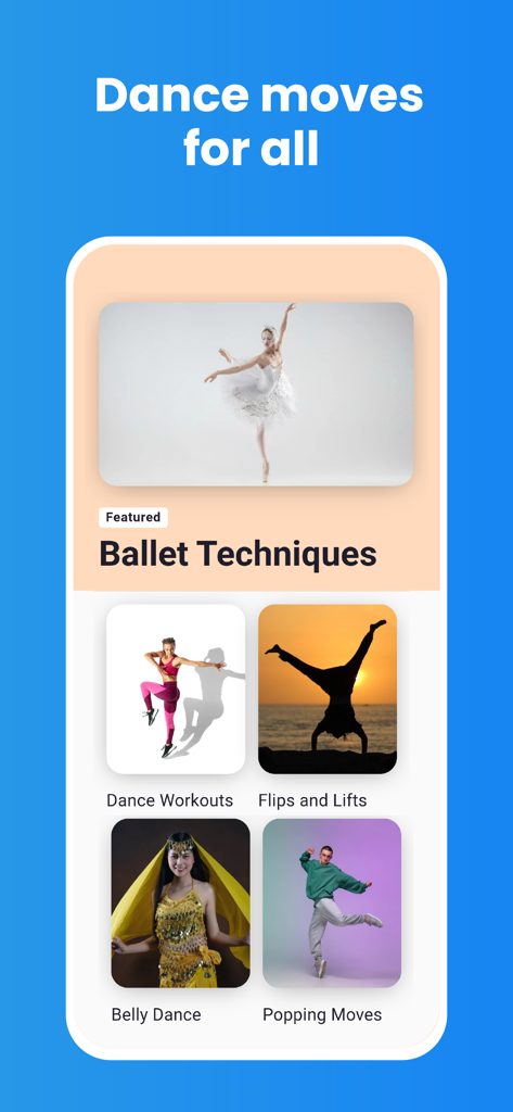 Dance Lessons: Learn to Dance - ダンスレッスンアプリのメニュー画面。バレエ、ワークアウト、ポッピングなどの様々なダンスカテゴリーが表示されている。