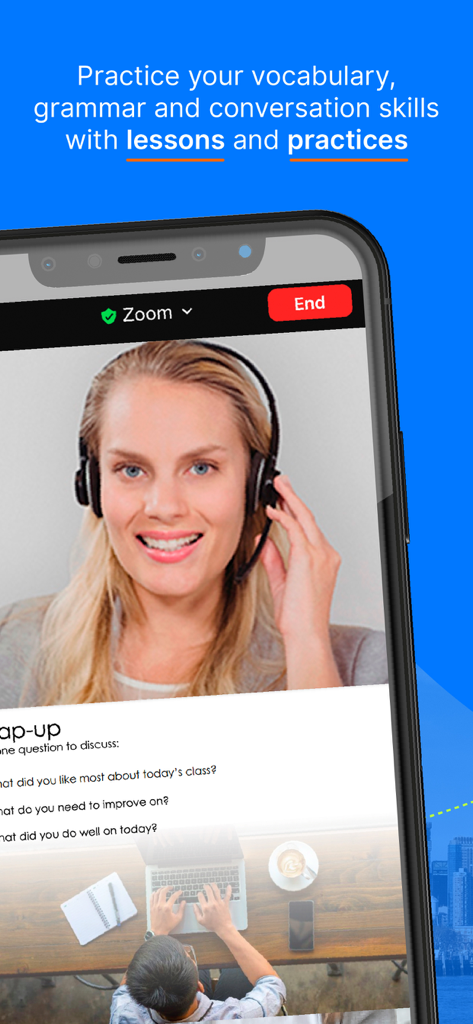 Bildschirm eines Smartphones, der eine Live-Video-Konversationsklasse mit einem englischen Muttersprachler und Fragen zur Unterrichtsabschlussanzeige zeigt.