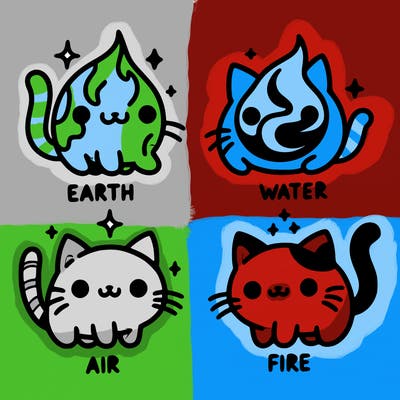4 cats that represent the different elements, earth, water, air, and fire