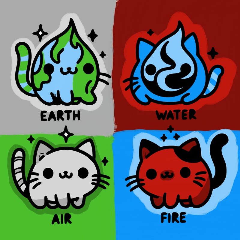 4 cats that represent the different elements, earth, water, air, and fire