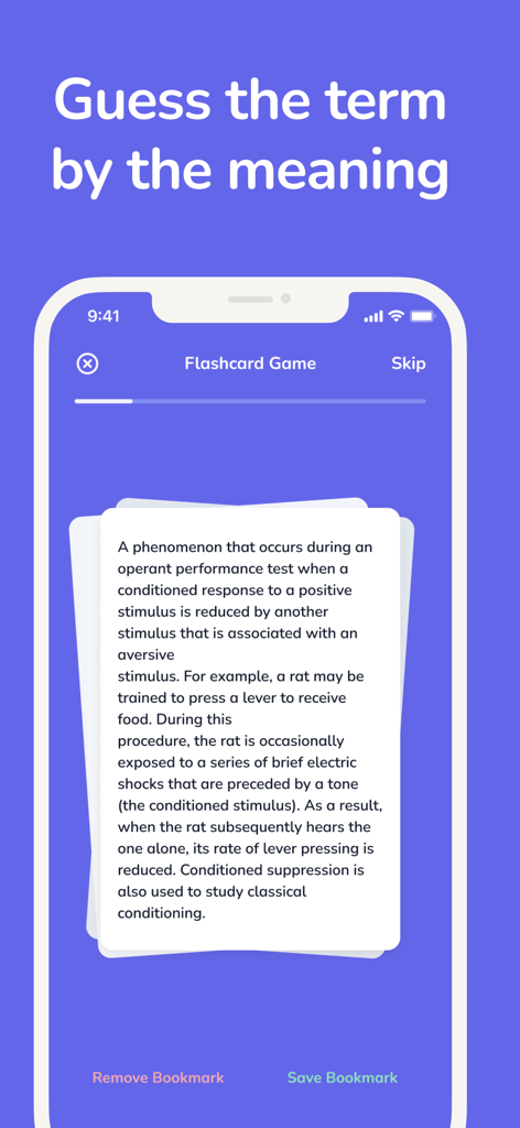 Psychology Dictionary - Interfaz del juego de tarjetas de memoria en la aplicación Diccionario de Psicología donde los usuarios adivinan términos basándose en definiciones clínicas.