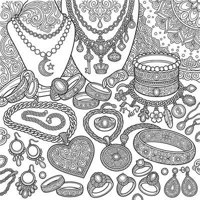 Unleash your inner artist with this exquisite gold jewelry full scene coloring page. Immerse yourself in a luxurious world of intricate necklaces, rings, and bracelets, waiting for your creative touch.