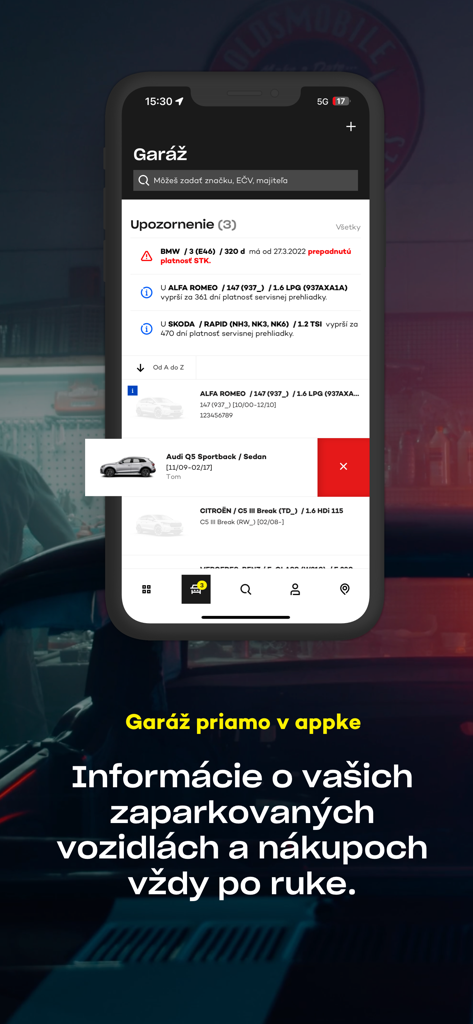 Captura de tela do aplicativo móvel Auto Kelly SK mostrando o recurso de garagem digital com listas de veículos e alertas de manutenção