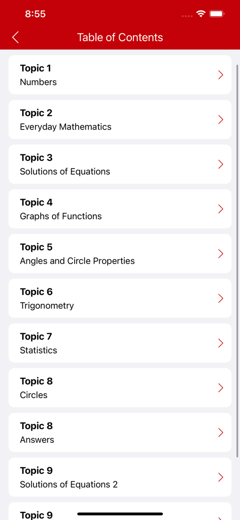 Table des matières dans l'application Redspot eBooks montrant les sujets de mathématiques de niveau O et A, y compris la trigonométrie et les statistiques.
