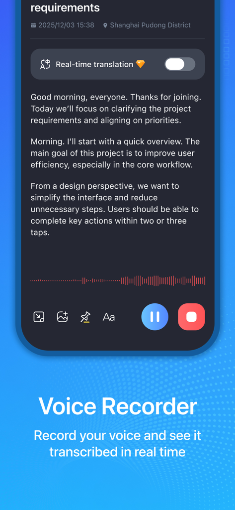 Voice Recorder: AI Voice Notes - Interface of the Voice Recorder app showing real-time AI transcription and translation of a business meeting