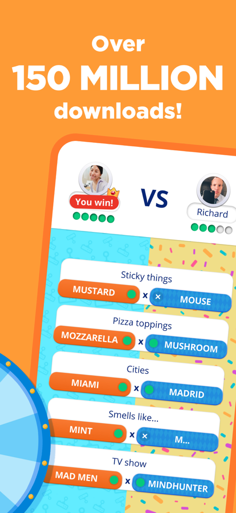 Gameplay screenshot of Stop 2 Word Trivia Game showing a multiplayer match win and the milestone of over 150 million downloads