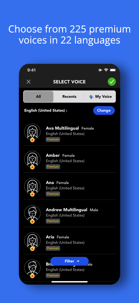 MixVoice: AI Voice Over App - MixVoice app interface displaying a list of premium AI voices available for text to speech narration.